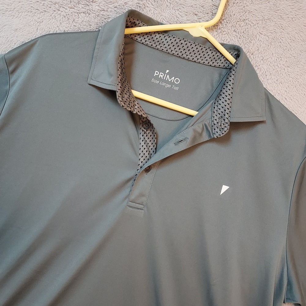 Primo Polo Shirt Men LT Large TALL Gray Performance Jersey Golf Logo Casual Prep